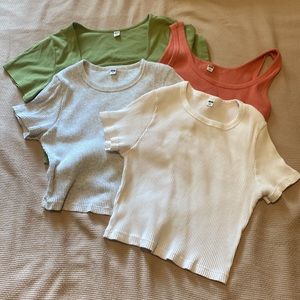 Four Uniqlo Square Crop Tops (Green, Salmon, Gray, White)
